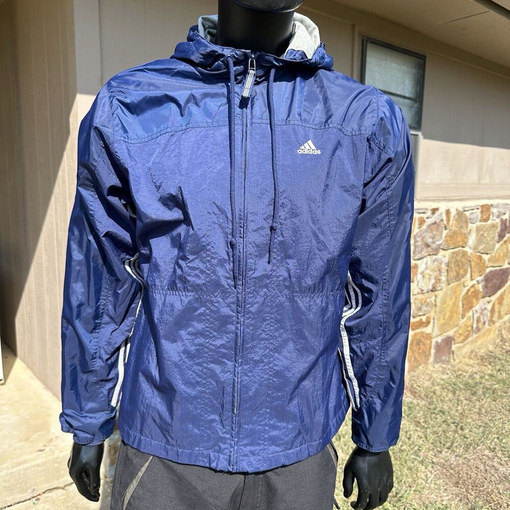 Vintage 90s Adidas Windbreaker Mens‎ Large Jacket Lined Striped Sleeves Navy